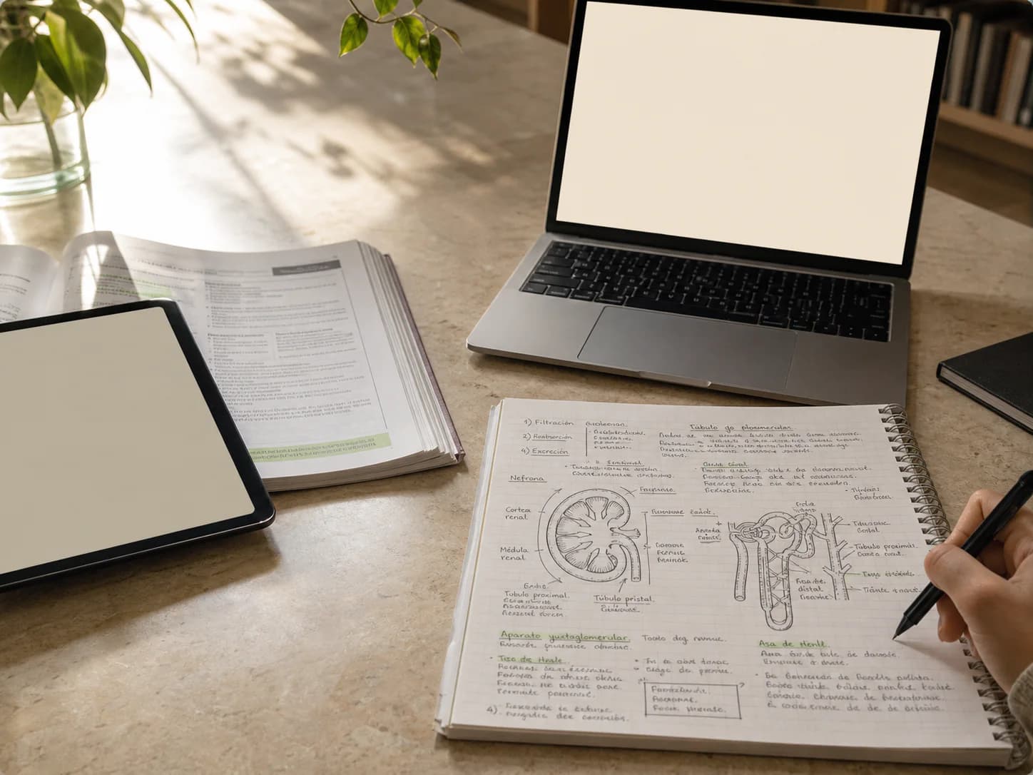 Escritorio con apuntes de medicina y herramientas digitales de estudio